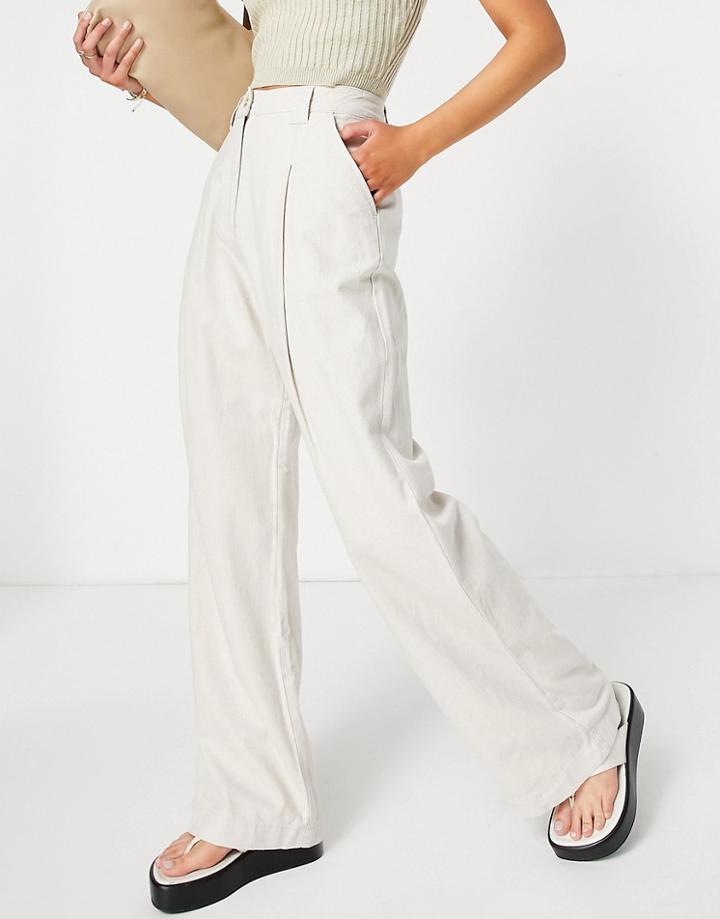 Asos Design Wide Leg Pants In Oatmeal Linen-neutral