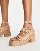 Asos Design Heston Chunky Mid Heel Sandals In Beige-neutral