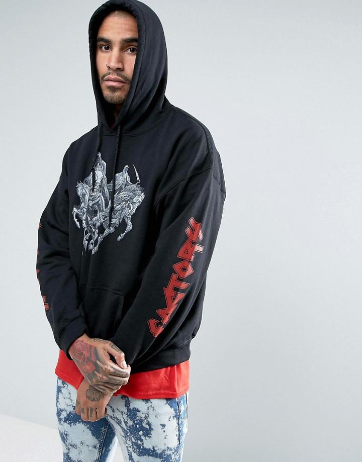 Factory Oversized Hoodie With Sleeve Print - Black
