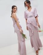 Asos Design Bridesmaid Ruffle Flutter Sleeve Maxi Dress With Embellished Belt - Pink