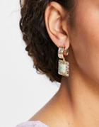 Topshop Green Stone Drop Molten Hoop Earrings In Gold