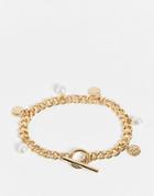 Topshop Pearl Charm T Bar Bracelet In Gold