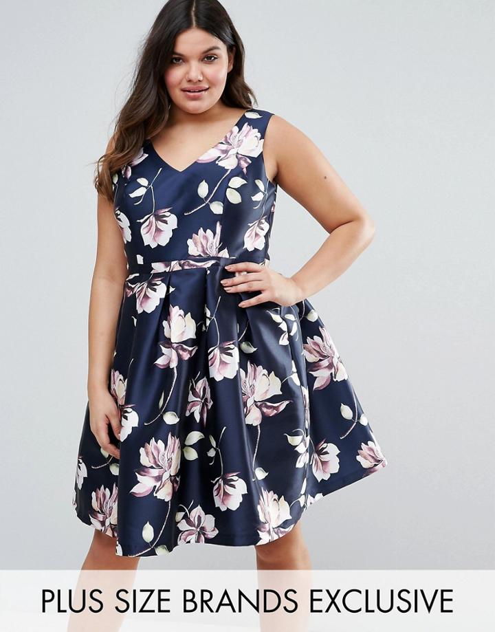 Chi Chi London Plus Sateen Floral Print Prom Dress - Multi