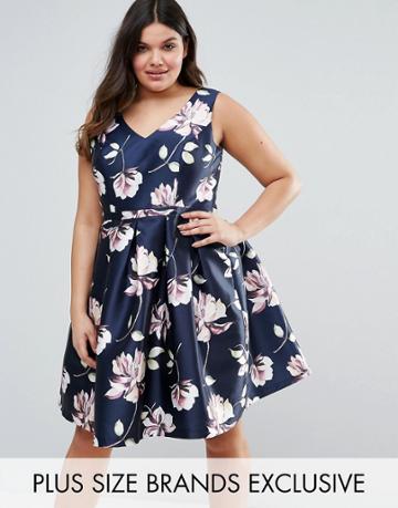 Chi Chi London Plus Sateen Floral Print Prom Dress - Multi