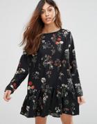 Qed London Drop Waist Floral Dress - Black