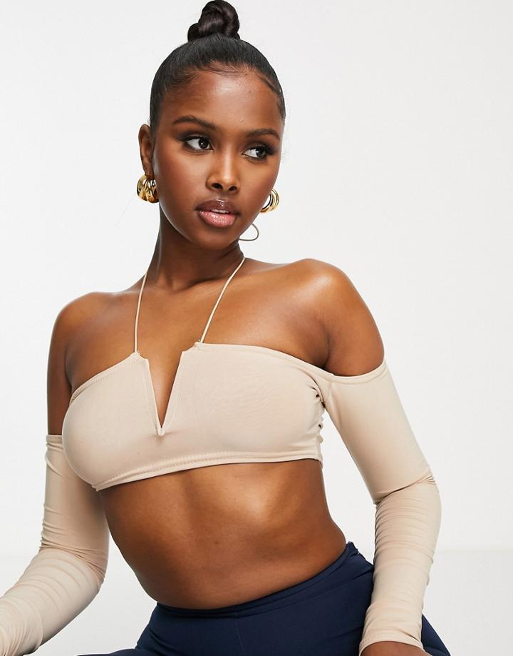 Missyempire X Aaliyah Ceilia Plunge Front Cold Shoulder Crop Top In Sand-neutral