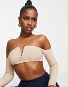 Missyempire X Aaliyah Ceilia Plunge Front Cold Shoulder Crop Top In Sand-neutral