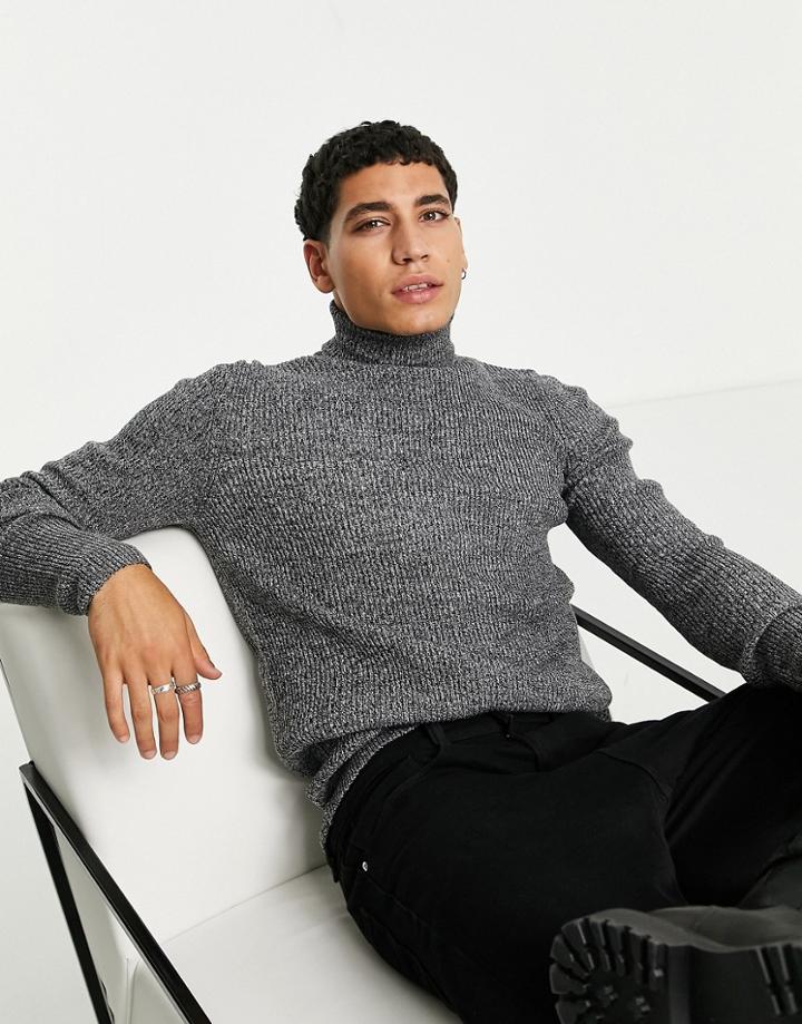 Asos Design Muscle Fit Ribbed Rollneck Sweater In Black And White Twist-grey