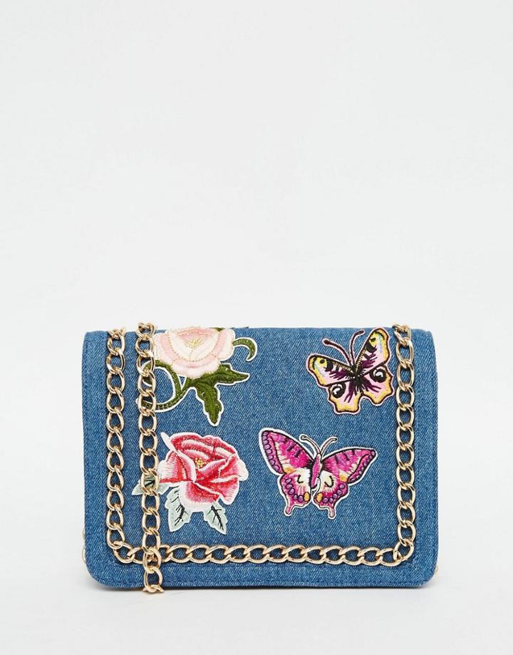 Asos Denim Shoulder Bag With Patches And Chain Strap - Multi