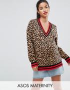 Asos Maternity Sweater In Leopard Pattern With Sports Tipping - Multi