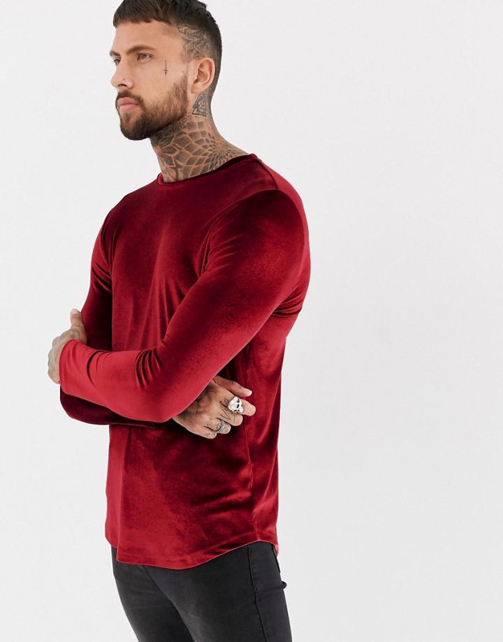 Asos Design Longline Long Sleeve T-shirt In Velour With Curved Hem In Oxblood - Red