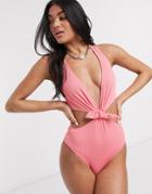 Fashion Union Ribbed Cut Out Swimsuit With Tie Detail In Coral-pink