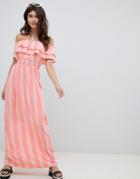 Prettylittlething Striped Bardot Maxi Dress - Pink