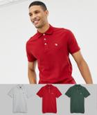 Abercrombie & Fitch 3 Pack Icon Logo Pique Polo Slim Fit In Red/gray Marl/green-multi