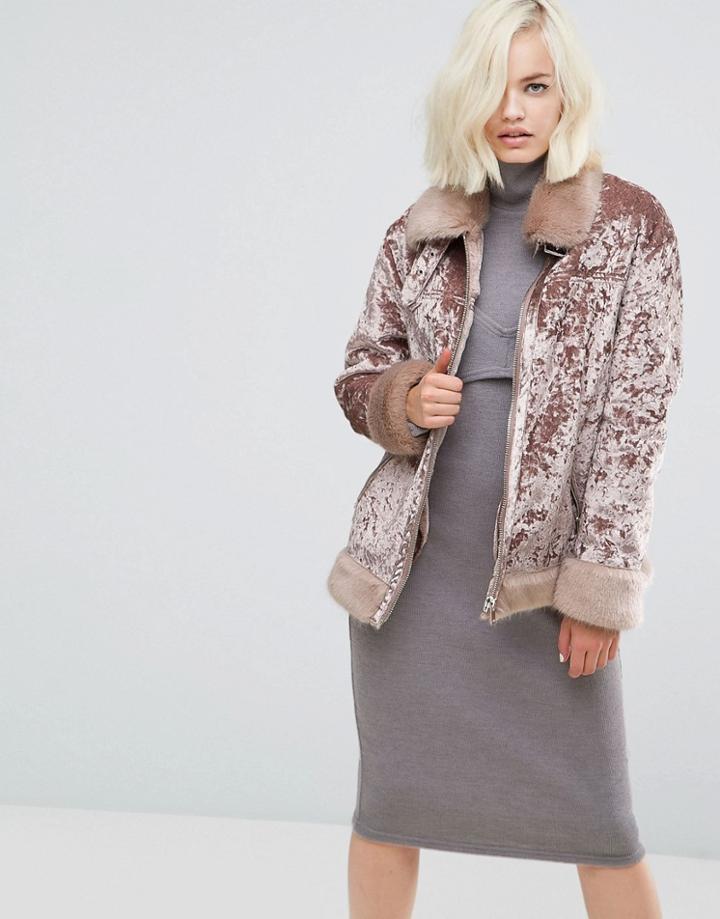Lost Ink Biker Jacket In Velvet - Pink