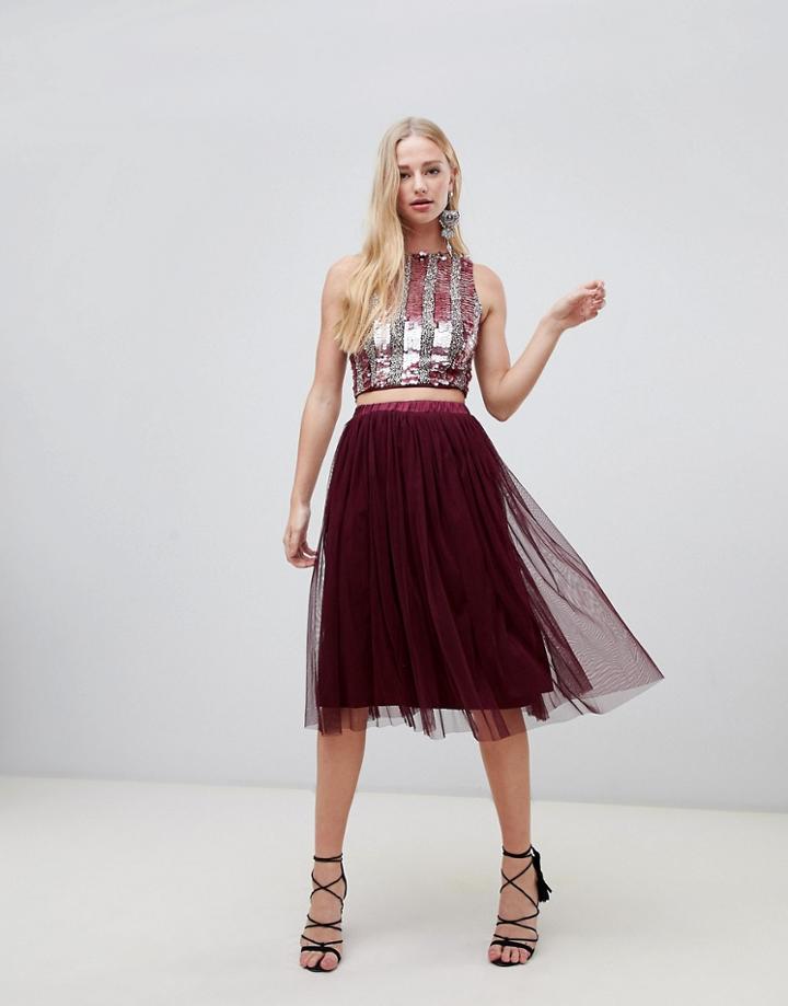 Lace & Beads Tulle Midi Skirt In Berry-red