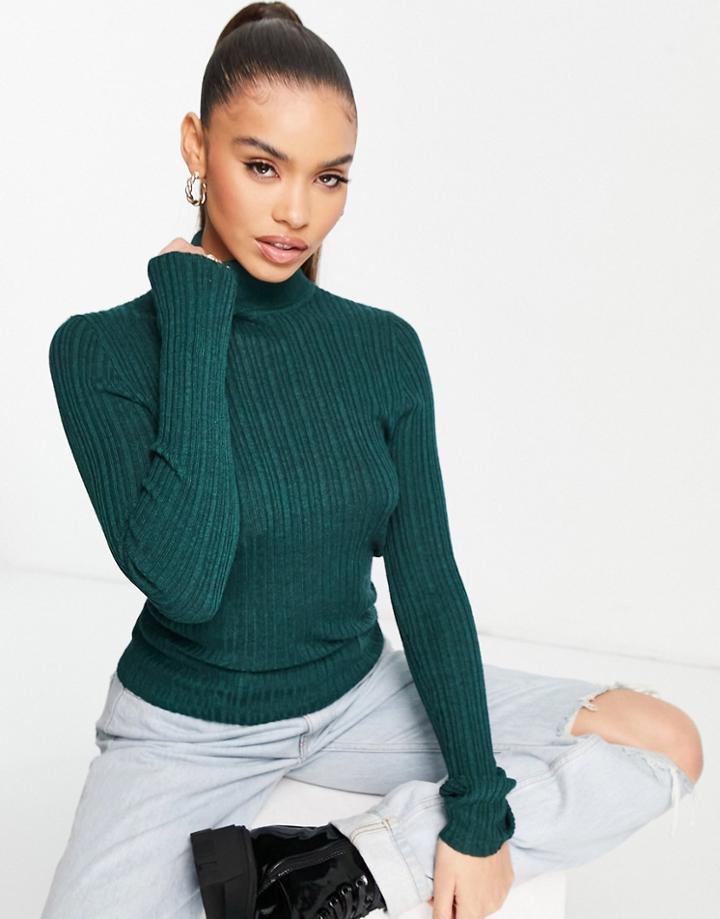 Asos Design Ribbed Roll Neck Sweater In Dark Green