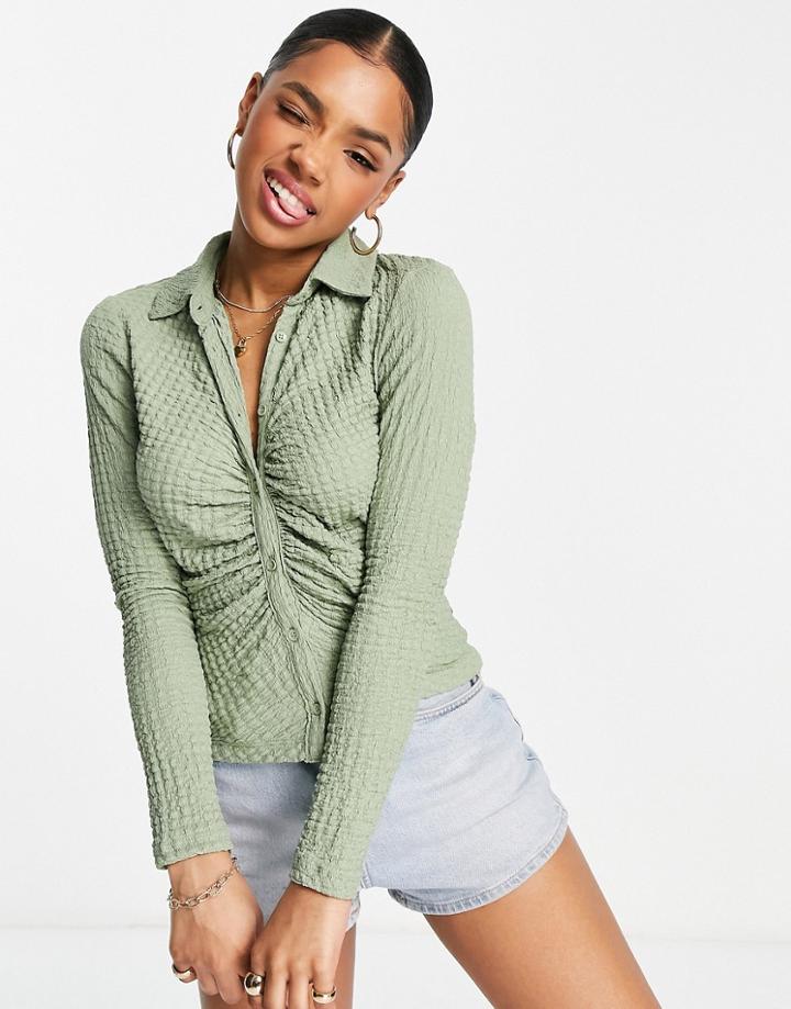 Stradivarius Textured Stretch 90s Shirt In Sage-green