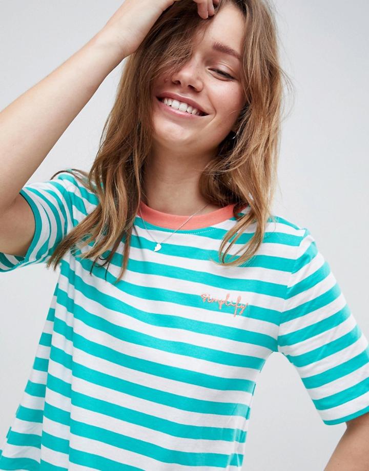 Only Anabella Striped Embroidered T-shirt - Green