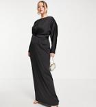 Asos Design Curve Satin Maxi Dress With Batwing Sleeve And Wrap Waist In Black