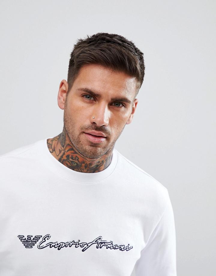 Emporio Armani Script Logo Crew Neck Sweat In White - White