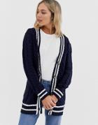 Qed London Longline Cardigan With Contrast Tipping Stripe-navy