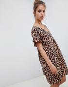 Asos Design V Front V Back Smock Mini Dress In Leopard Print - Multi
