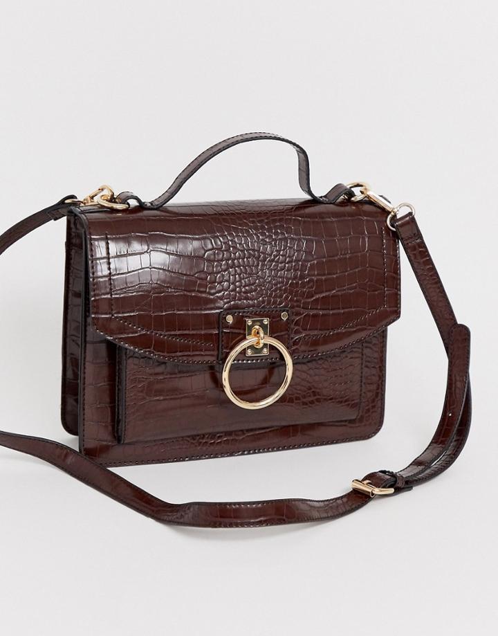 Asos Design Croc Satchel With Ring Detail - Brown