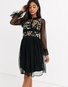 Frock & Frill Mesh Long Sleeve Embroidered Detail Collar Dress-black