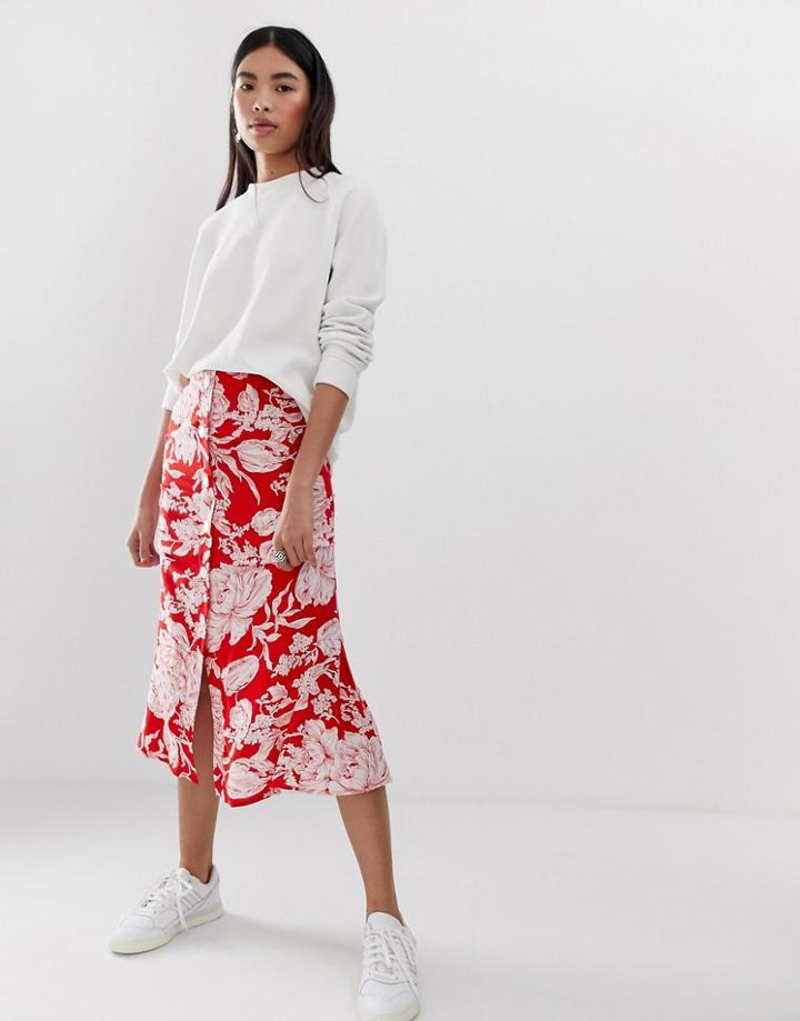 Asos Design Floral Button Front Midi Skirt With Pleat Back-multi