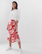Asos Design Floral Button Front Midi Skirt With Pleat Back-multi