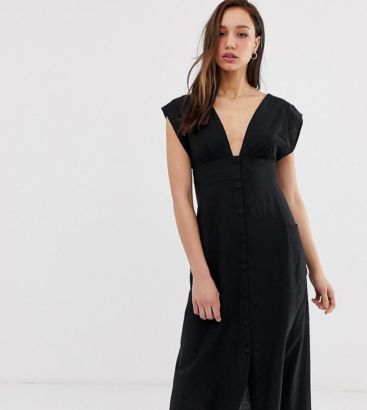 Asos Design Tall Button Through Open Back Midi Dress With Pockets - Black