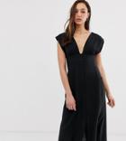 Asos Design Tall Button Through Open Back Midi Dress With Pockets - Black