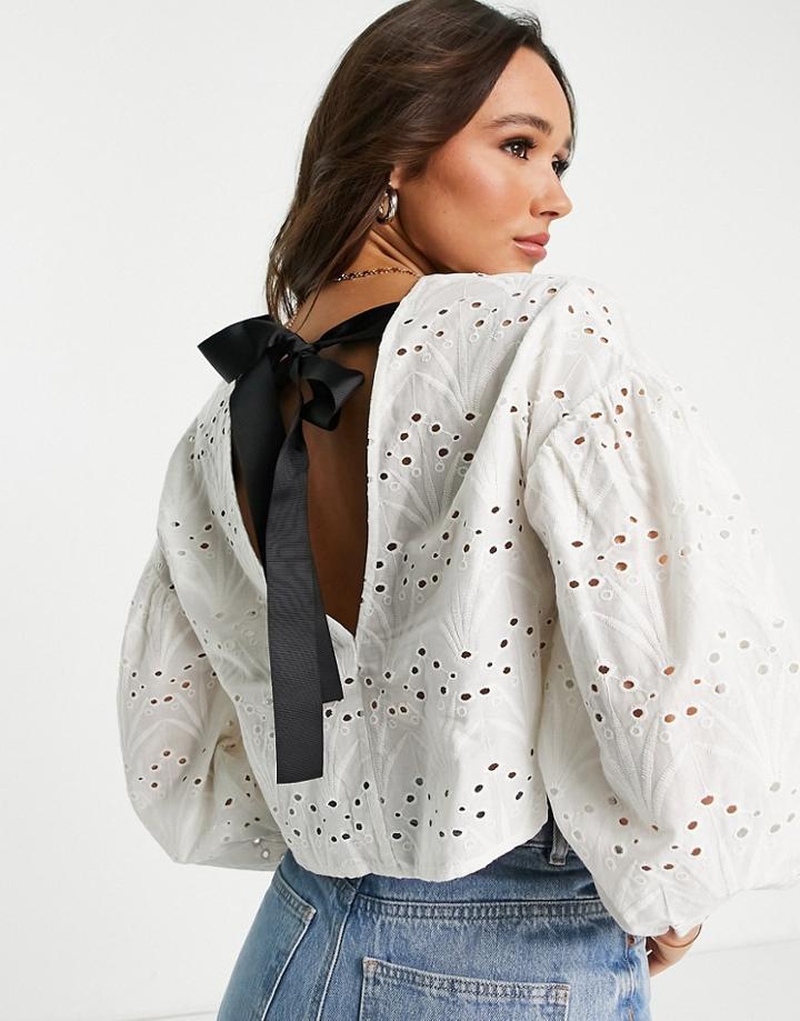 Asos Design Premium Broderie Long Sleeve Peplum Top With Tie Back In White