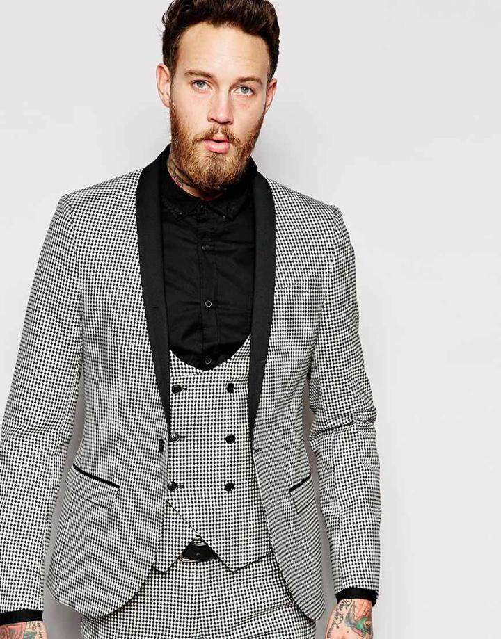 Noose & Monkey Mini Check Tuxedo Jacket With Stretch In Skinny Fit - Black