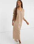Asos Design Sweat Midi Dress With V-neck In Camel-brown