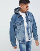 Asos Design Oversized Denim Jacket With Jersey Hood In Mid Wash - Blue