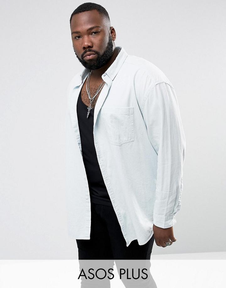 Asos Plus Oversized Denim Shirt In Bleach Wash - Blue
