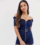Parisian Petite Off Shoulder Denim Romper With Zip Front And Belt - Blue