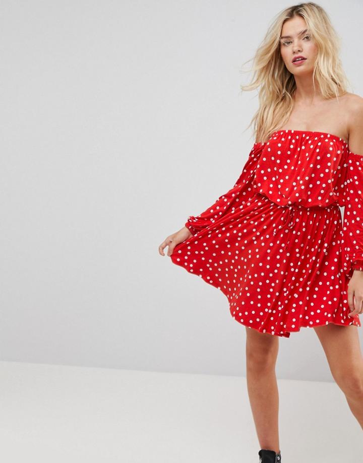 Asos Bardot Long Sleeve Skater Dress In Polka Dot - Multi