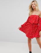 Asos Bardot Long Sleeve Skater Dress In Polka Dot - Multi