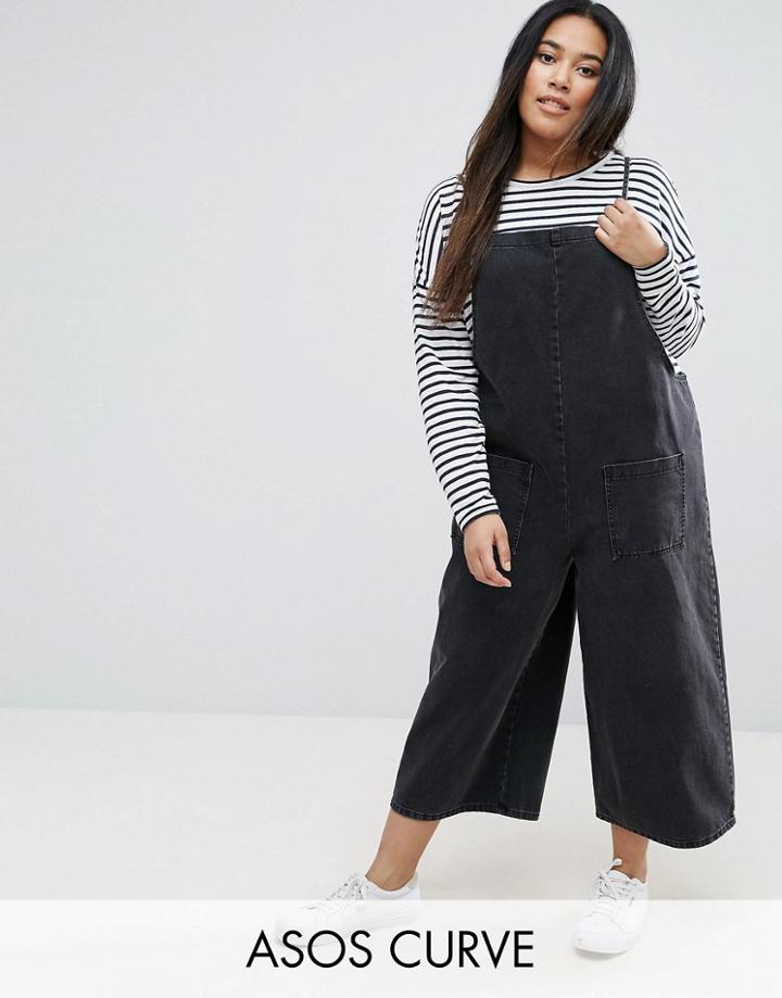 Asos Curve Denim Cropped Length Jumpsuit In Washed Black - Black