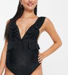 Peek & Beau Maternity Exclusive Frill Detail Swimsuit In Black Eyelet