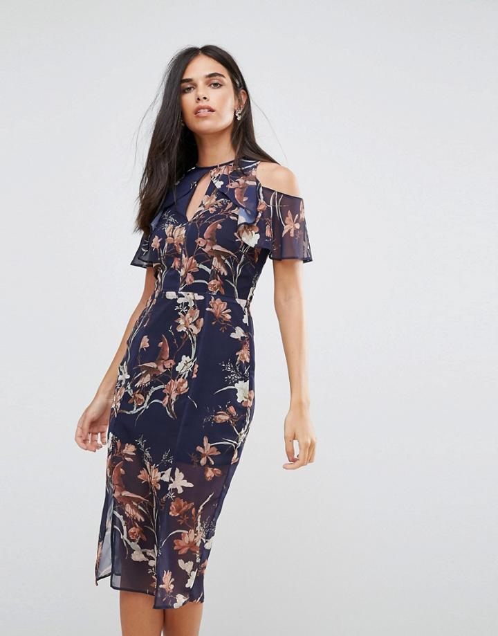 Hope & Ivy Cold Shoulder Midi Dress With Frill & Cut Out Detail - Black