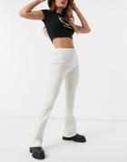 Bershka Recycled Cotton Ribbed Flare Pants With Lettuce Hem In Ecru-white