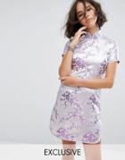 Reclaimed Vintage Inspired Mini Dress In Lilac Brocade With Rhinestone Trim - Purple