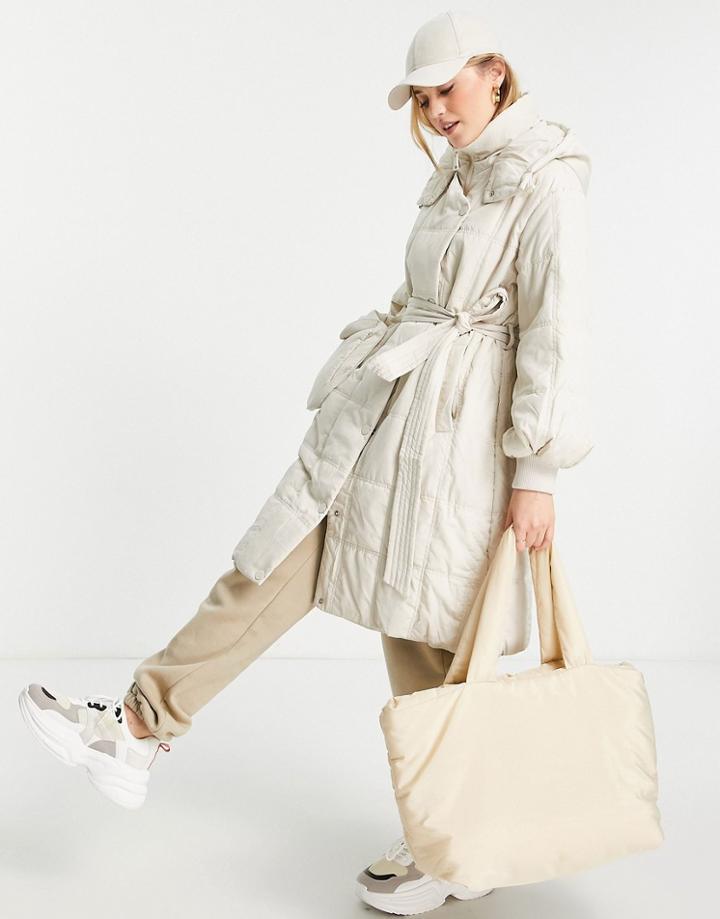 Urban Revivo Padded Hooded Jacket With Belt In Beige-white