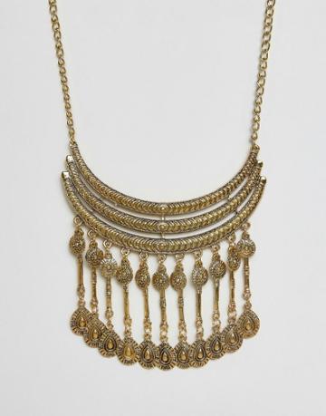 Ruby Rocks Tassel Drop Statement Necklace - Gold