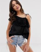 Asos Design One Shoulder Top In Broderie - Black