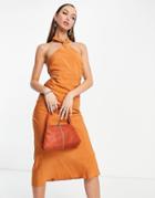 Asos Design Textured Halter Midi Dress With Ruched Back Strap Detail In Rust-brown